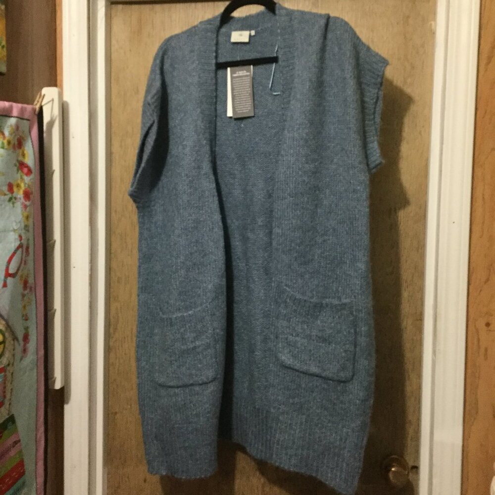 NWT Kaffe longer length open front blue vest with pockets size XXL 8% wool